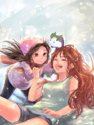 Rule 34 | 2girls, bare arms, bent over, black pants, blue shorts, brown eyes, brown hair, closed eyes, cloud, cloudy sky, commentary request, cyasha, day, gloves, hat, highres, holding, holding another&#039;s wrist, hood, hoodie, kneeling, knit hat, long hair, looking at another, lying, multiple girls, on back, open mouth, original, outdoors, pants, pink hat, pink scarf, purple gloves, red hair, scarf, shorts, sky, smile, snow, snow rabbit, snowing, tank top, teeth, white hoodie, winter