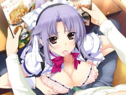 Rule 34 | 1girl, blush, bow, bowtie, bra, breasts squeezed together, breasts, brown eyes, censored, cleavage, game cg, iizuki tasuku, large breasts, licking, long hair, looking up, lovely x cation 2, maid headdress, menu, narukawa hime, open clothes, oral, paizuri, penis, ponytail, purple hair, sitting, sweat, table, tongue, tongue out, underwear, waitress, wrist cuffs