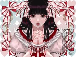 Rule 34 | 1girl, black hair, blunt bangs, bow, brown eyes, dress, embellished costume, frilled dress, frills, hair bow, hair ornament, heart, heart print, highres, long hair, looking at viewer, narumi hosokawa, neckerchief, original, own hands together, puffy short sleeves, puffy sleeves, red lips, red neckerchief, ribbon, sailor collar, short sleeves, signature, solo, symmetry, too many, too many frills, white bow, white sailor collar, wrist cuffs