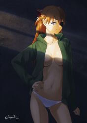 Rule 34 | 1girl, artist request, blue eyes, breasts, brown hair, evangelion: 3.0+1.0 thrice upon a time, expressionless, eyepatch, from above, green jacket, hair ornament, hair over one eye, hand on own hip, highres, illust aqua, jacket, large breasts, legs apart, long hair, navel, neon genesis evangelion, no bra, panties, rebuild of evangelion, scarf, shadow, shiny skin, souryuu asuka langley, standing, thigh gap, two side up, underwear