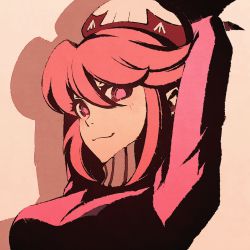 Rule 34 | 1girl, arms behind head, arms up, beige background, blush, close-up, closed mouth, commentary, eyebrows hidden by hair, flat color, hair between eyes, hat, high contrast, jakuzure nonon, kill la kill, looking at viewer, moshimoshibe, pink eyes, pink hair, pink sweater, ribbed sweater, shadow, short hair, sidelocks, simple background, skull, skull print, smile, solo, sweater, turtleneck, turtleneck sweater