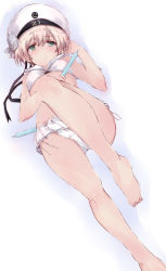 Rule 34 | 1girl, alternate costume, barefoot, bikini, blue eyes, blush, breasts, closed mouth, commentary request, feet out of frame, food, frilled bikini, frills, hair between eyes, hat, kantai collection, looking at viewer, lying, microskirt, military, military hat, military uniform, on back, peaked cap, pleated skirt, popsicle, sailor bikini, sailor collar, sailor hat, short hair, side-tie bikini bottom, silver hair, simple background, skirt, small breasts, solo, swimsuit, tupet, uniform, white background, white bikini, white hat, white sailor collar, yumesato makura, z1 leberecht maass (kancolle)