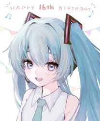 Rule 34 | 1girl, absurdres, aqua necktie, bare shoulders, blue eyes, blue hair, collared shirt, commentary request, decorations, grey shirt, hair between eyes, hair intakes, happy birthday, hatsune miku, highres, light blush, long hair, looking at viewer, musical note, necktie, open mouth, shirt, simple background, sleeveless, sleeveless shirt, smile, solo, string of flags, teeth, upper body, upper teeth only, vocaloid, white background, yagiusagi