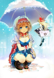 Rule 34 | 1girl, :d, alice margatroid, apron, bagua, blonde hair, blue dress, blue eyes, blue sky, bow, breasts, capelet, choker, cleavage, collarbone, downblouse, dress, hair bow, hairband, highres, letter, lolita hairband, long hair, love letter, open mouth, parasol, ribbon choker, sash, shanghai doll, sheska xue, short sleeves, sky, smile, snowing, solo, squatting, touhou, trigram, umbrella, waist apron, wrist cuffs