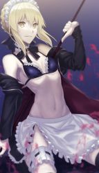 Rule 34 | 1girl, apron, artoria pendragon (all), artoria pendragon (alter swimsuit rider) (second ascension) (fate), artoria pendragon (fate), bikini, black thighhighs, blonde hair, braid, breasts, bridal garter, fate/grand order, fate (series), french braid, frilled apron, frills, hand up, highres, holding, hood, hoodie, jacket, maid, maid bikini, maid headdress, matsuharu (lip-mil), navel, open clothes, open hoodie, open jacket, parted lips, saber alter, sidelocks, small breasts, smile, solo, swimsuit, thighhighs, unconventional maid, waist apron, yellow eyes