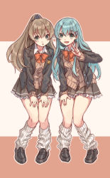 Rule 34 | 2girls, aqua eyes, aqua hair, blazer, blue eyes, bow, bowtie, brown hair, brown jacket, brown skirt, cardigan, commentary request, commission, frilled skirt, frills, green eyes, hair ornament, hairclip, jacket, kantai collection, kumano (kancolle), kumano kai ni (kancolle), long hair, looking at viewer, loose socks, mitsuyo (mituyo324), multiple girls, pleated skirt, ponytail, red bow, red bowtie, school uniform, skirt, socks, squatting, suzuya (kancolle), suzuya kai ni (kancolle), v