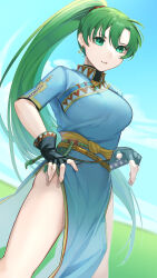 Rule 34 | 1girl, absurdres, black gloves, blue dress, blue sky, breasts, china dress, chinese clothes, cloud, commentary request, day, dress, earrings, fingerless gloves, fire emblem, fire emblem: the blazing blade, gloves, green eyes, green hair, highres, ikura (downdexp), jewelry, large breasts, long hair, looking at viewer, lyn (fire emblem), nintendo, outdoors, parted bangs, pelvic curtain, ponytail, short sleeves, signature, sky, solo, sword, very long hair, weapon