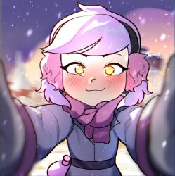 Rule 34 | 1girl, :3, absurdres, amba si, amity blight, blurry, blurry background, blush, coat, earmuffs, highres, looking at viewer, meme, pov, pov cheek warming (meme), purple hair, purple scarf, scarf, short hair, smile, snow, snowing, solo focus, the owl house, upper body, winter clothes, winter coat, yellow eyes