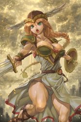 Rule 34 | 1girl, amania orz, ankle lace-up, armor, armored dress, braid, breasts, cross-laced footwear, green armor, green eyes, head wings, helmet, highres, large breasts, long hair, panties, shield, single braid, sky, solo, string panties, sword, thighs, underwear, valkyrie, valkyrie (vnd), valkyrie no densetsu, very long hair, weapon, white panties, winged helmet, wings, yellow sky