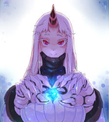 Rule 34 | 10s, 1girl, abyssal ship, breasts, claws, collar, glowing, heart, heart hands, horns, huge breasts, kantai collection, large breasts, long hair, ribbed sweater, seaport princess, short eyebrows, single horn, smile, solo, sw (2311550438), sweater, colored eyelashes