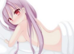 Rule 34 | 1girl, animal ears, back, bad id, bad pixiv id, bed, bed sheet, blush, breast press, breasts, rabbit ears, chimunge, covering privates, female focus, long hair, lying, medium breasts, nude, on stomach, pillow, purple hair, red eyes, reisen udongein inaba, shy, solo, touhou, under covers