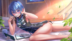 Rule 34 | 1girl, aqua hair, ass, barefoot, belt, black belt, black choker, black dress, blue eyes, blue hair, breasts, choker, collared dress, dress, green ribbon, hair between eyes, hololive, hoshimachi suisei, hoshimachi suisei (streetwear), jagoo, lace, lace choker, lace sleeves, looking at viewer, lying, neck ribbon, no panties, ribbon, short dress, short hair, short sleeves, small breasts, smile, solo, star (symbol), star in eye, symbol in eye, teeth, virtual youtuber