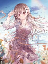 Rule 34 | 1girl, animal, arm up, bangle, blue sky, bracelet, braid, breasts, brown dress, brown flower, brown hair, bug, butterfly, closed mouth, cloud, commentary request, day, dress, hair between eyes, highres, insect, jewelry, long hair, long sleeves, looking at viewer, maeda shiori, medium breasts, nail polish, outdoors, pink nails, power lines, red eyes, shirt, sky, smile, solo, sousouman, twinbox school, utility pole, very long hair, white shirt, wide sleeves