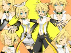 Rule 34 | 1boy, 1girl, blonde hair, brother and sister, colorized, darklowell, closed eyes, finger to mouth, green eyes, hair ornament, hairclip, headphones, kagamine len, kagamine rin, outstretched arms, short hair, siblings, smile, twins, vocaloid, wink