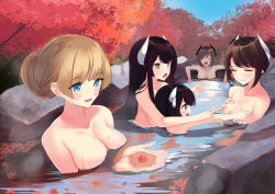 Rule 34 | 5girls, autumn leaves, azur lane, blonde hair, blue eyes, grabbing another&#039;s breast, breasts, brown hair, convenient censoring, closed eyes, grabbing, haruna (azur lane), hiei-chan (azur lane), hiei (azur lane), horns, kirishima (azur lane), kongou (azur lane), long hair, multiple girls, nude, oni horns, onsen, rock, schreibe shura, short hair, water, yellow eyes