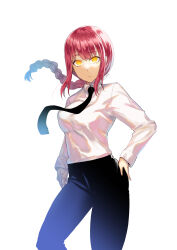 Rule 34 | 1girl, black pants, braid, braided ponytail, breasts, chainsaw man, closed mouth, collared shirt, cowboy shot, hand on own hip, highres, kouki kuu, long sleeves, makima (chainsaw man), medium breasts, necktie, pants, red hair, ringed eyes, shirt, simple background, solo, standing, white background, white shirt, yellow eyes