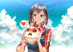 Rule 34 | 1girl, absurdres, animal, bird, black hair, blue eyes, blue overalls, blue sky, chicken, cloud, cloudy sky, collared shirt, copyright request, fare, hair ornament, heart, highres, holding, holding animal, holding bird, looking at viewer, mole, mole under eye, nijisanji, nijisanji id, outdoors, overalls, plaid, plaid shirt, red shirt, shirt, short hair, siska leontyne, sky, smile, solo, speech bubble, virtual youtuber, x hair ornament