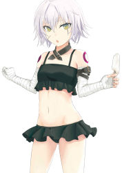 Rule 34 | 1girl, absurdres, arm belt, bandaged arm, bandages, bare shoulders, belt, belt buckle, bikini, bikini skirt, black belt, black bikini, buckle, chestnut mouth, collarbone, commentary request, facial scar, fate/grand order, fate (series), food, green eyes, groin, hair between eyes, highres, holding, holding food, ice cream, jack the ripper (fate/apocrypha), looking at viewer, navel, parted lips, sbean, scar, scar across eye, scar on cheek, scar on face, short hair, shoulder tattoo, silver hair, simple background, solo, swimsuit, tattoo, white background