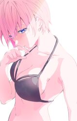 Rule 34 | 1girl, bare shoulders, bikini, black bikini, blue eyes, blush, breasts, cleavage, collarbone, go-toubun no hanayome, halterneck, hand to own mouth, highres, looking at viewer, medium breasts, nakano ichika, navel, parted lips, pink hair, profile, short hair, simple background, solo, swimsuit, upper body, valentine (02140314c), white background