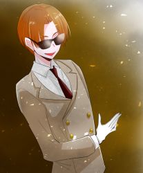 Rule 34 | 1boy, brown background, fate (series), formal, gloves, gradient background, hair intakes, koha-ace, male focus, maxwell&#039;s demon (fate), necktie, open mouth, orange hair, red necktie, smile, solo, souta (souta3a), suit, sunglasses, upper body, white gloves
