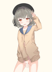 Rule 34 | 1girl, absurdres, ahoge, arm up, beret, black hat, black ribbon, blush, brown background, brown cardigan, brown eyes, cardigan, commentary request, covering crotch, covering privates, fang, fingernails, gluteal fold, grey hair, groin, hair rings, hat, hatoba tsugu, highres, liang feng qui ye, long sleeves, naked cardigan, no panties, open mouth, ribbon, simple background, sleeves past wrists, solo, v, virtual youtuber