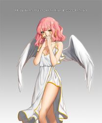 Rule 34 | 1girl, aegyo, angel, angel wings, bad id, bad twitter id, bandaid, bare legs, bare shoulders, black nails, blunt bangs, braid, breasts, character request, cleavage, covering own mouth, dress, earrings, feathered wings, gradient background, grey background, heart, heart-shaped pupils, jewelry, korean text, looking at viewer, nail polish, own hands together, pink hair, short hair, side braid, side slit, simple background, sleeveless, solo, standing, symbol-shaped pupils, translated, white dress, white wings, wings, yellow eyes