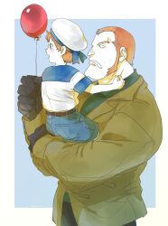 Rule 34 | 2boys, aged down, balloon, black gloves, blue eyes, brown jacket, carrying, carrying person, diez barrels, father and son, gloves, hat, highres, holding, holding balloon, jacket, looking ahead, looking back, multiple boys, one piece, open mouth, red hair, sailor collar, sailor hat, sailor shirt, shirt, shiso i4, short hair, short sleeves, shorts, sideburns, upper body, x drake
