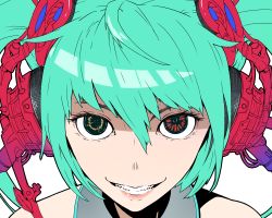 Rule 34 | 1girl, breasts, close-up, colorized, commentary request, green hair, grin, hair between eyes, hatsune miku, headphones, heterochromia, highres, jaco, long hair, looking at viewer, medium breasts, pink lips, portrait, simple background, smile, solo, twintails, vocaloid, white background