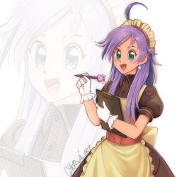 Rule 34 | 1girl, ahoge, angeling, apron, blush, brown dress, chorvaqueen, clipboard, collared dress, commentary, cowboy shot, dress, earrings, english commentary, frilled apron, frills, gloves, green eyes, holding, holding clipboard, holding pen, jewelry, kafra uniform, long hair, looking at viewer, maid, maid headdress, open mouth, pavianne (ragnarok online), pearl earrings, pen, puffy short sleeves, puffy sleeves, purple hair, ragnarok online, short sleeves, signature, smile, themed object, white gloves, yellow apron, zoom layer