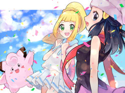 Rule 34 | 2girls, :d, backpack, bag, beanie, black hair, blonde hair, blush, clefairy, cloud, commentary request, confetti, creatures (company), dawn (pokemon), day, eyelashes, game freak, gen 1 pokemon, green eyes, hands up, hat, highres, lillie (pokemon), multiple girls, nago celica, nintendo, open mouth, pleated skirt, pokemon, pokemon (creature), pokemon dppt, pokemon sm, ponytail, red scarf, scarf, short sleeves, skirt, sky, smile, tongue, white headwear