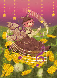 Rule 34 | 1girl, animal ears, beamed quavers, dandelion, earrings, falling feathers, feathers, female focus, flower, hat, highres, jewelry, music, musical note, mystia lorelei, ozawa, pink hair, quaver, short hair, singing, solo, staff (music), sunflower, touhou, treble clef, wings