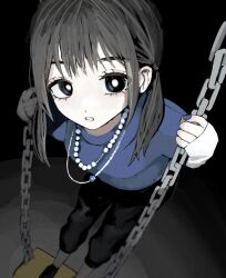 Rule 34 | 1girl, black background, black eyes, black pants, blue nails, blue shirt, bright pupils, chain, commentary request, dark, feet out of frame, foreshortening, grey hair, highres, jewelry, layered sleeves, long sleeves, looking at viewer, medium hair, nail polish, necklace, night, original, outdoors, pants, parted lips, pearl necklace, shirt, short over long sleeves, short sleeves, sidelocks, sleeves past wrists, solo, standing, standing on swing, swing, twintails, urokogaran, white pupils