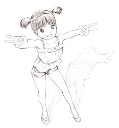 Rule 34 | 1girl, chikyuu no houkago, monochrome, sandals, short hair, shorts, sketch, solo, yoshitomi akihito