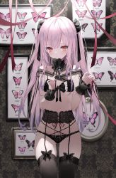 Rule 34 | absurdres, bad id, bad pixiv id, black bra, black panties, black ribbon, black thighhighs, bra, breasts, bug, butterfly, closed mouth, corset, cowboy shot, finger ribbon, frown, garter belt, garter straps, gluteal fold, hair ribbon, highres, hololive, huge filesize, indoors, insect, lace, lace-trimmed bra, lace-trimmed panties, lace trim, lingerie, long hair, looking at viewer, mashiro shiki, nail polish, pale skin, panties, pink hair, pink nails, pink ribbon, red eyes, ribbon, sidelocks, skindentation, small breasts, solo, standing, string, string of fate, thigh gap, thighhighs, too many, too many butterflies, two side up, underwear, underwear only, uruha rushia, uruha rushia (3rd costume), virtual youtuber, wallpaper (object), wrist cuffs