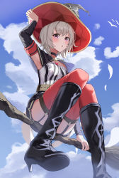 Rule 34 | 1girl, absurdres, alternate costume, arm up, armpits, black choker, black footwear, blue sky, blush, boots, breasts, brooch, broom, broom riding, cape, choker, cloud, collar, convenient censoring, curren chan (umamusume), detached sleeves, feathers, garter straps, grey hair, guree (haiiro), hand on headwear, hat, heart, heart brooch, high heel boots, high heels, highres, horse girl, horse tail, jewelry, looking at viewer, outdoors, parted lips, purple eyes, red thighhighs, shirt, short hair, sitting, sky, small breasts, solo, striped clothes, striped shirt, tail, thighhighs, umamusume, witch, witch hat