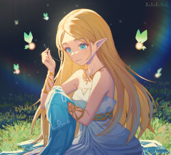 Rule 34 | 1girl, absurdres, bare shoulders, blonde hair, blue eyes, bracelet, dress, highres, holding, holding clothes, holding needle, holding shirt, jewelry, long hair, necklace, needle, nintendo, on grass, parted bangs, pointy ears, princess zelda, sewing, sewing needle, shirt, signature, sitting, smile, solo, string in mouth, the legend of zelda, the legend of zelda: breath of the wild, triforce, white dress, x.x.d.x.c