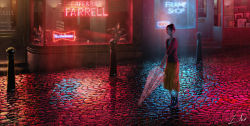 Rule 34 | 1girl, black eyes, black footwear, black hair, blouse, blurry, bracelet, candle, closed mouth, dark, depth of field, door, framed, hair bun, holding, holding umbrella, jewelry, light, long skirt, looking at viewer, neon lights, night, original, outdoors, painting (object), pavement, picture frame, plant, post, rain, reflective floor, road, shirt, shoes, shop, sign, signature, single hair bun, skirt, solo, standing, street, tamaki (tamaki illust), transparent, transparent umbrella, umbrella, white legwear, white shirt, window, yellow skirt