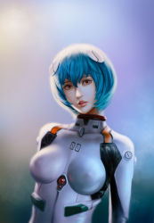 Rule 34 | 1girl, ayanami rei, bita (vaderc), bloom, blue hair, bodysuit, breasts, breasts apart, covered erect nipples, female focus, hair between eyes, headgear, highres, impossible bodysuit, impossible clothes, interface headset, large breasts, lips, looking at viewer, neon genesis evangelion, parted lips, pilot suit, plugsuit, realistic, red eyes, short hair, skin tight, solo, turtleneck, upper body