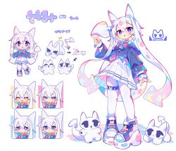Rule 34 | 1girl, animal, animal ears, arrow (symbol), artist logo, bow, character name, character sheet, chibi, cropped jacket, diamond-shaped pupils, diamond (shape), expressions, full body, hair between eyes, hair intakes, highres, multicolored bow, multicolored hair, multiple views, original, pantyhose, paw print, pigeon-toed, platform footwear, pleated skirt, purple eyes, sailor collar, skirt, solo, symbol-shaped pupils, thigh strap, uenomigi, white background, white hair, white pantyhose, white skirt, yamii (uenomigi)