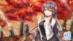 Rule 34 | 1girl, anchor necklace, autumn leaves, black hair, black shirt, brown eyes, commentary request, grey skirt, hair ornament, hairband, hairclip, haruna (kancolle), jacket, jewelry, kantai collection, long hair, long sleeves, necklace, open clothes, open jacket, outdoors, shirt, skirt, solo, takasaki ryou, tree, white hairband, white jacket