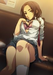 Rule 34 | 1girl, adamon, bad id, bad pixiv id, bra, breasts, brown eyes, brown hair, cleavage, come hither, large breasts, legs, lingerie, open clothes, open shirt, original, school uniform, shirt, sitting, skirt, socks, solo, unbuttoned, underwear, undressing