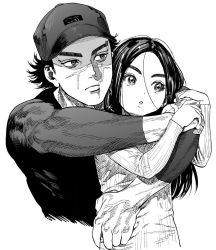 Rule 34 | 1boy, 1girl, ainu, arms around neck, asirpa, black hair, black hat, black shirt, blouse, closed mouth, contemporary, earrings, forehead, golden kamuy, greyscale, hat, head tilt, hoop earrings, hug, hug from behind, jewelry, kimidake, locked arms, long hair, long sleeves, looking to the side, manly, messy hair, monochrome, scar, scar on face, shirt, short hair, simple background, sugimoto saichi, tight clothes, tight shirt, white background