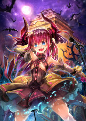 Rule 34 | architecture, bat (animal), blue eyes, demon horns, detached sleeves, dragon girl, dress, east asian architecture, elizabeth bathory (fate), elizabeth bathory (fate/extra ccc), elizabeth bathory (first ascension) (fate), fangs, fate/grand order, fate (series), full moon, glowing, hand on own chest, horns, kito (kito2), long hair, looking at viewer, moon, night, pointy ears, purple hair, purple sky, shiny skin, sky, solo, star (sky), talons