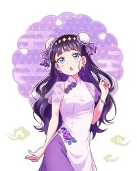 Rule 34 | 1girl, black hair, blue eyes, blunt bangs, blush, bracelet, bun cover, china dress, chinese clothes, commentary request, delicious party precure, dress, earrings, flower, highres, jewelry, kasai amane, kyoutsuugengo, long hair, open mouth, precure, purple flower, solo, sparkle hair ornament