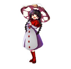 Rule 34 | 1girl, absurdres, ajirogasa, baba (baba seimaijo), black hair, braid, buttons, capelet, commentary request, dress, earlobes, full body, grey dress, hat, highres, long earlobes, long hair, long sleeves, looking at viewer, open mouth, own hands together, red capelet, red eyes, red legwear, sandals, solo, standing, touhou, transparent background, twin braids, yatadera narumi