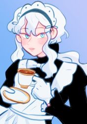 Rule 34 | 1boy, absurdres, androgynous, apron, berserk, blue background, blue eyes, blush, commentary, cup, gloves, griffith (berserk), highres, holding, holding cup, long hair, looking to the side, maid, maid apron, maid headdress, male focus, mina illus, ponytail, simple background, tea, wavy hair, white gloves, white hair