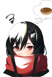 Rule 34 | 1girl, absurdres, anpan, black hair, closed mouth, eyelashes, food, hair ornament, hairclip, highres, long hair, raised eyebrows, red eyes, red scarf, scarf, sidelocks, solo, squiggle, tenka hyakken, thought bubble, upper body, white background, xochi (nueeen6978)