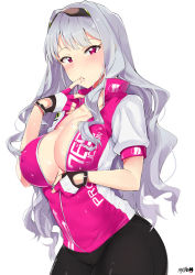 Rule 34 | 10s, 1girl, absurdres, artist name, bike jersey, bike shorts, black shorts, blunt bangs, blush, breasts, cleavage, clothes writing, collarbone, covered erect nipples, cowboy shot, eyewear on head, finger sucking, finger to mouth, fingerless gloves, gloves, highres, idolmaster, idolmaster (classic), idolmaster million live!, large breasts, long hair, looking at viewer, no bra, purple eyes, shijou takane, shiny clothes, shiny skin, short sleeves, shorts, silver hair, simple background, skin tight, solo, sportswear, standing, sunglasses, sweat, tuxedo de cat, unzipping, wavy hair, white background, zipper