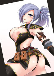 Rule 34 | armor, ass, belt, breasts, capcom, grey hair, huge ass, large breasts, monster hunter (series), nipples, ponytail, short hair, shoulder pads, thick thighs, thighhighs, thighs