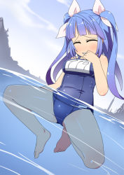 Rule 34 | 1girl, barefoot, blue hair, blue one-piece swimsuit, blush, breasts, cloud, closed eyes, grin, hair ribbon, hand to own mouth, i-19 (kancolle), kantai collection, long hair, medium breasts, minamimachi naname, mountain, name tag, ocean, one-piece swimsuit, partially submerged, ribbon, school swimsuit, sky, smile, swimsuit, teeth, twintails, underwater, water